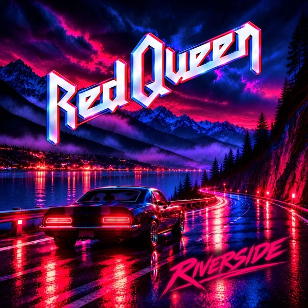 Cover der Single Riverside: Red-Queen-Logo über einem Sportwagen auf einer Seestrasse bei Nacht