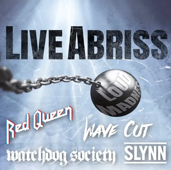 Plakat Live Abriss: Abrissbirne vor zersplittertem Glas, darunter die Logos von Red Queen, Wave Cut, Watchdog Society und Slynn