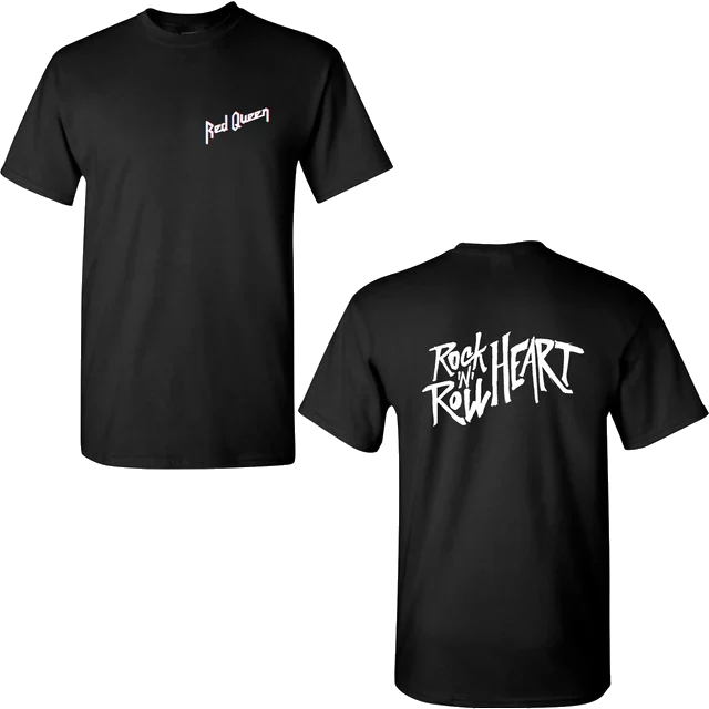 Schwarzes T-Shirt mit Red-Queen-Logo vorne und Rock-'n'-Roll-Heart-Schriftzug hinten (gleiches Bild wie im Shop)